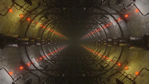 Camera movement through a concrete tunnel with rusty pipes. steampunk concept. L Stock Footage 253676799