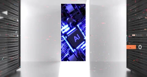 Camera movement through server room into digital AI microchip hardware. Stock Footage 332280081