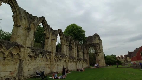 Camera movement of trees on the wall of the ruins of St Mary's Abbey in York, UK Stock Footage 248702323