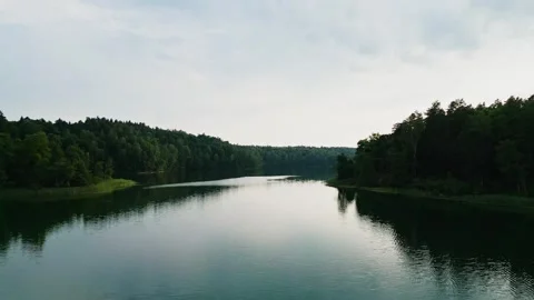 The camera moves across the surface of a lake in the middle of a forest 動画素材 248859824