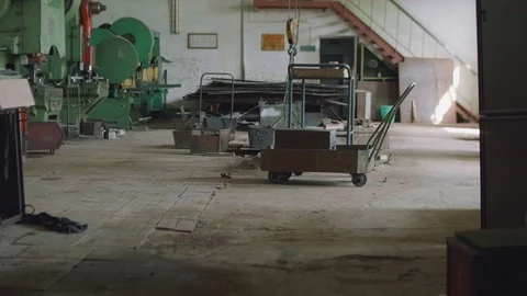 Camera moves ahead in workshop among outdated equipment Stock Footage 95851791
