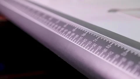 Camera moves along the cutting ruler in the textile industry Stock-Footage 168643891