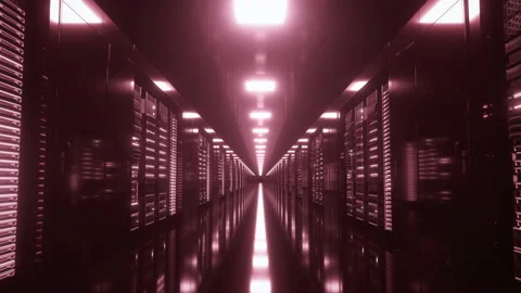 Camera moves along the data center with the server equipment red light turns on Stock Footage 155763859