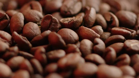 Camera moves along the freshly roasted brown aromatic tasty coffee beans. Macro Stock Footage 246176684