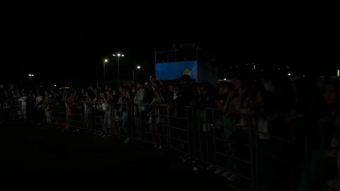 Camera Moves along Happy Spectators Watching Concert Video stock 82731108