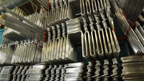 Camera Moves along Row with Metal Fridge Pipes 스톡 동영상 73994986