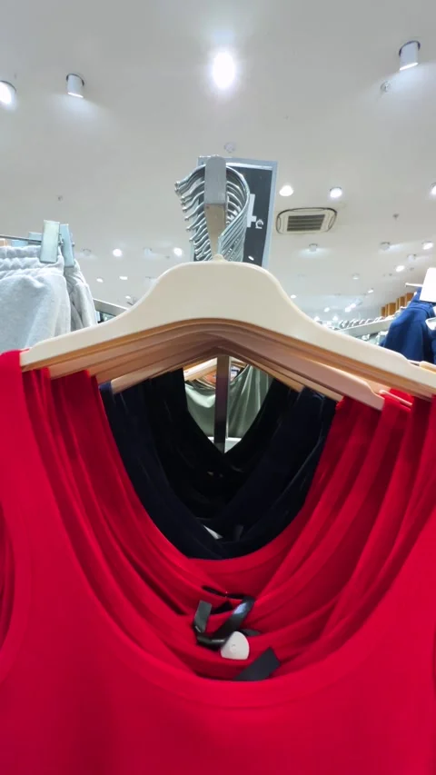 Camera moves along shelf with blue and red dress on hangers in clothing store Stock Footage 308639460