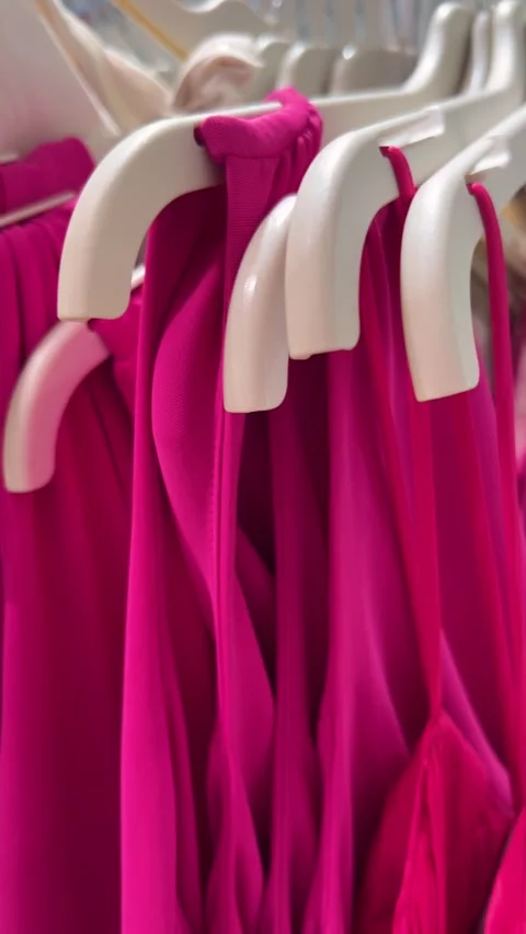Camera moves along shelf with cotton magenta pants, pink and white dress Stock Footage 308539418