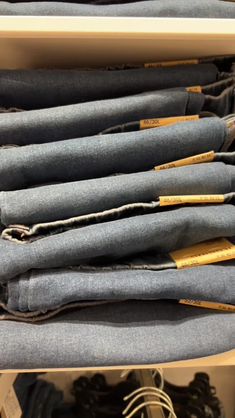 Camera moves along shelf with new denim clothes in clothing store Video stock 308539426