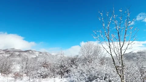 Camera moves along snow-covered valley surrounded by mountains. Stock Footage 207599501