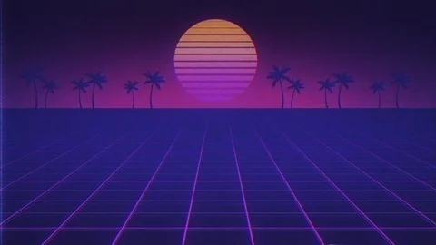 Camera moves along the synthwave wireframe net. Palm tree. Retro Futurism Stock Footage 124870615