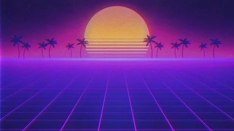 Camera moves along the synthwave wireframe net. Palm tree silhouettes Stock Footage 124870938