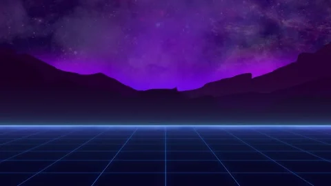 Camera moves along synthwave wireframe net. Mountains under the horizon Stock Footage 183707139