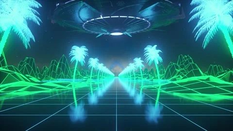 Camera moves along the synthwave wireframe net. Palm trees around the road Stock Footage 293379197
