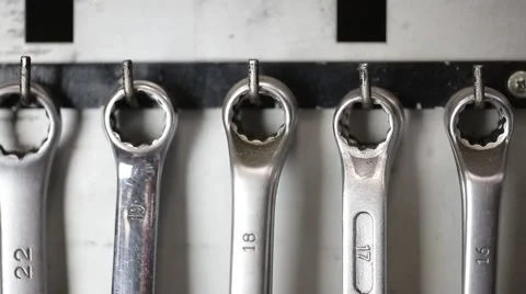 The camera moves along wrenches Stock Footage 59574755