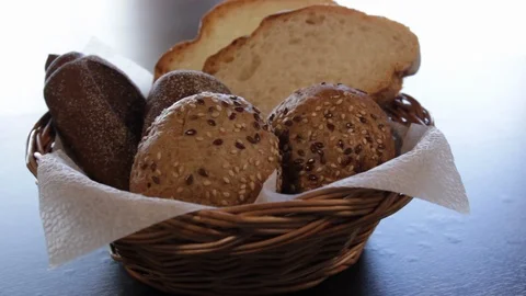 The camera moves around the basket with several kinds of bread. Stock Footage 112538442