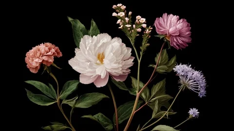 Camera moves around a beautiful pale flower bouquet on a black background Video stock 315554894