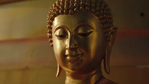 Camera moves around face of golden sitting Buddha statue on the mountain of the Stock Footage 249471365