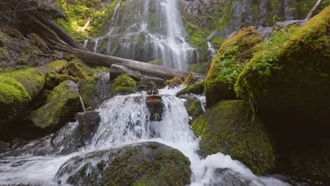 Camera moves between the stones overgrown with moss and rushing river water Stock Footage 197370299