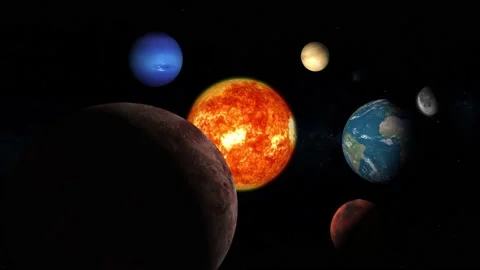 The camera moves between the Sun and planets of the solar system . Stock Footage 131096659