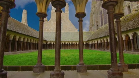 Camera moves between walls and columns with french gothic architecture of Saint Stock Footage 236120318