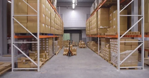 Camera moves up between warehouse racks Video stock 107273747