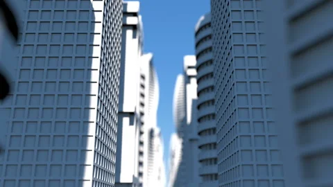 The camera moves between windowless skyscrapers. Depth of field. Seamless loop. Stock Footage 129140025