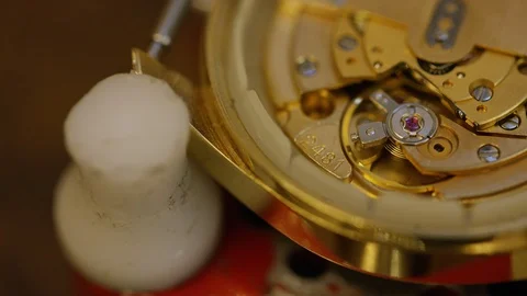 Camera moves to find the working mechanisms of a wrist watch moving Video stock 102037819