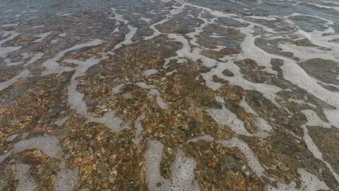 Camera moves forward on lower level above pebble shoreline flying low over wave, Stock Footage 291473597