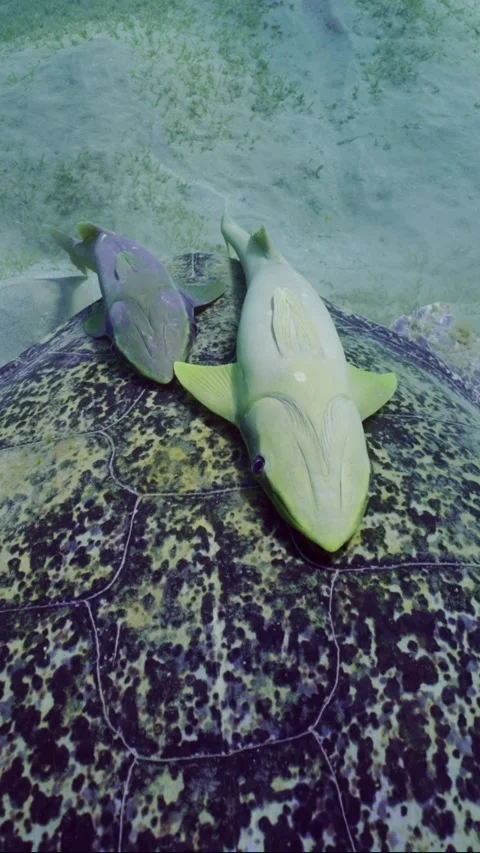 Camera moves forward over shell of Green Sea Turtle with two Remorafish on it Stock Footage 252015537