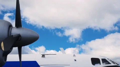 Camera moves from left to right, turboprop engine of aircraft against background Stock Footage 225078902