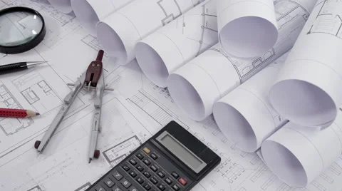 Camera moves over architectural drawings Stock Footage 60634320