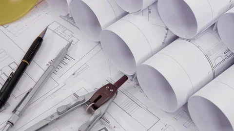 Camera moves over architectural drawings Stock Footage 60634885