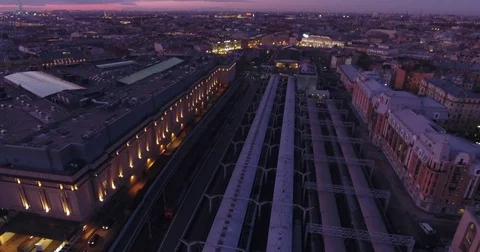 The camera moves over railway station and grand central. Aerial drone  footage Stock Footage 82888698