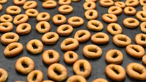 Camera moves over a set of round buns Stock Footage 105466954