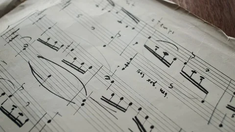 Camera moves over the sheet with notes, close up, macro view, slider  Video stock 126863050