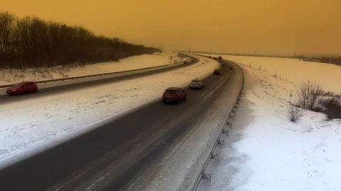 The camera moves up over the winter road Video stock 85574955