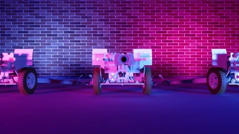 Camera moves parallel to a row of guns standing near the wall Stock Footage 260769147