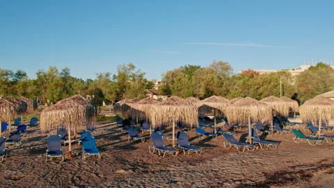 Camera Moves Parallel Sun Umbrellas Sun Loungers Relaxation Beach Hotel Stock-Footage 218981459