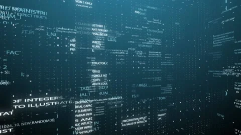 The camera moves in parts of the source code and information particles in 3d Video stock 117418174