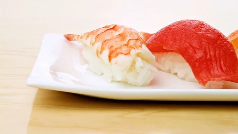 Camera Moves Pass A Plate Of Sushi Stock Footage 89876373