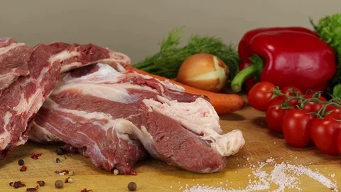 The camera moves past a large piece of raw beef meat Stock Footage 122171280