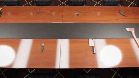 The camera moves slowly along the table where the cold steel arms are placed. Stock Footage 302152129