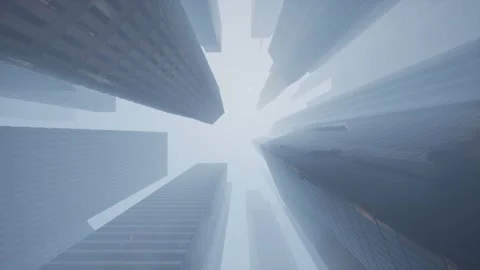The camera moves slowly between high-rises in the fog, looking vertically upward Stock Footage 265133870