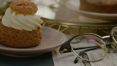 Camera moves slowly close up Custard cake with cream 스톡 동영상 233778094