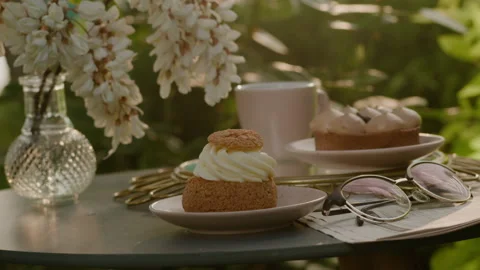 Camera moves slowly Custard cake with cream Stock Footage 233779784