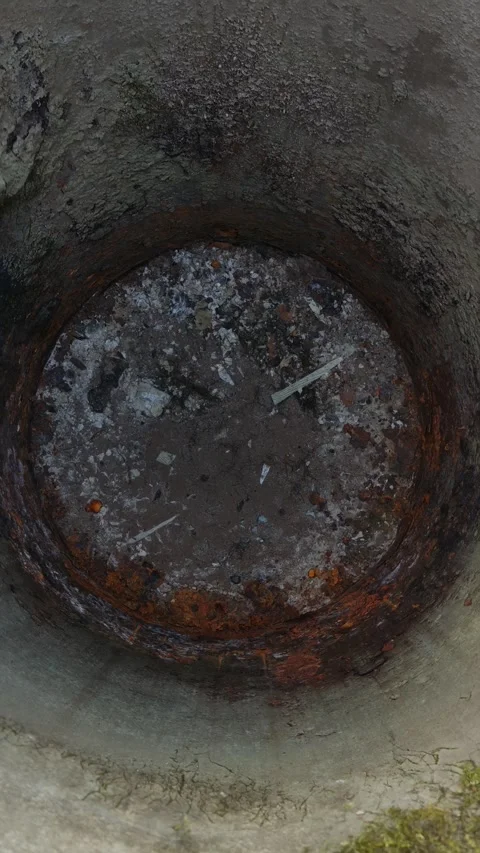 Camera moves slowly down inside a deep rusty metal barrel Video stock 335716574