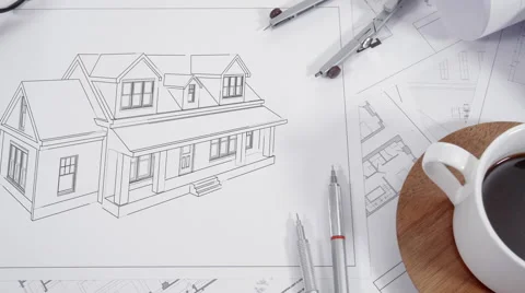 Camera moves slowly over architect's desk Stock Footage 60948416