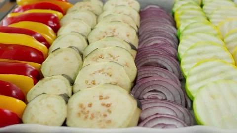 The camera moves smoothly from left to right over the vegetables on the deco Stock Footage 270150525