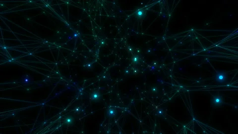 Camera moves in space on black background with neon flashes and plexus lines Stock-Footage 117973346